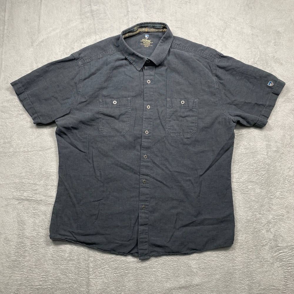 Kuhl Button Up Shirt Mens XL Gray Linen Blend Short Sleeve Outdoor Pockets
